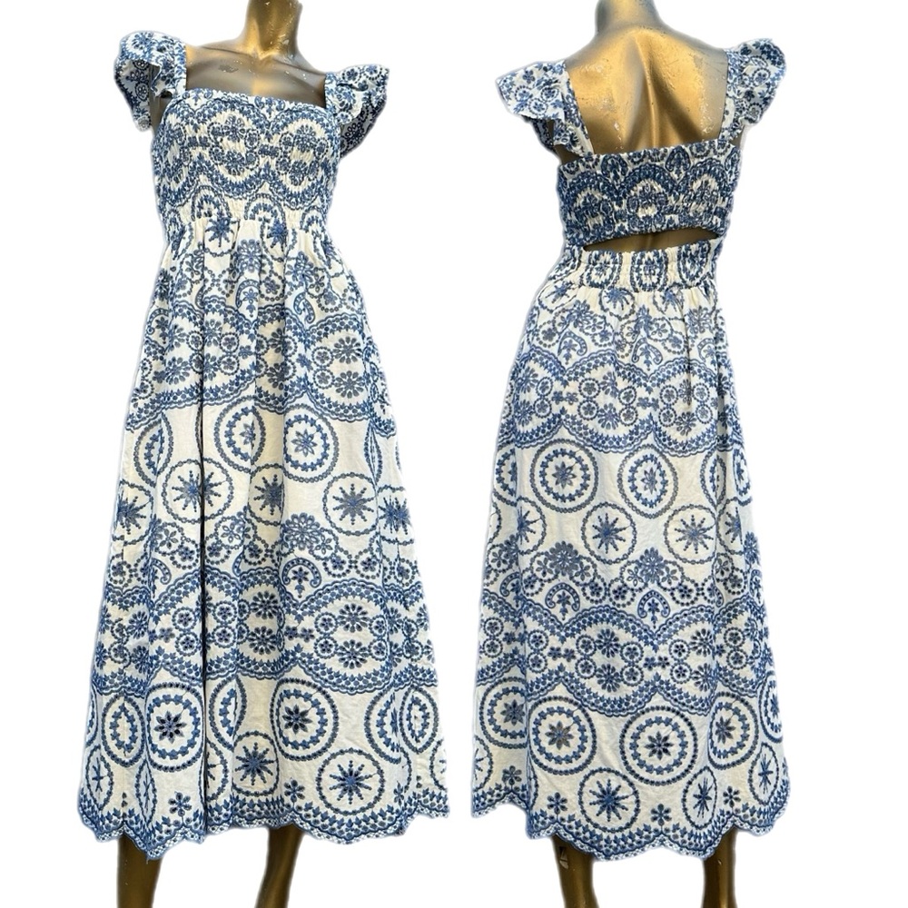 ZARA Blue White Embroidered floral eyelet Cotton Midi Dress Smocked Open Back M